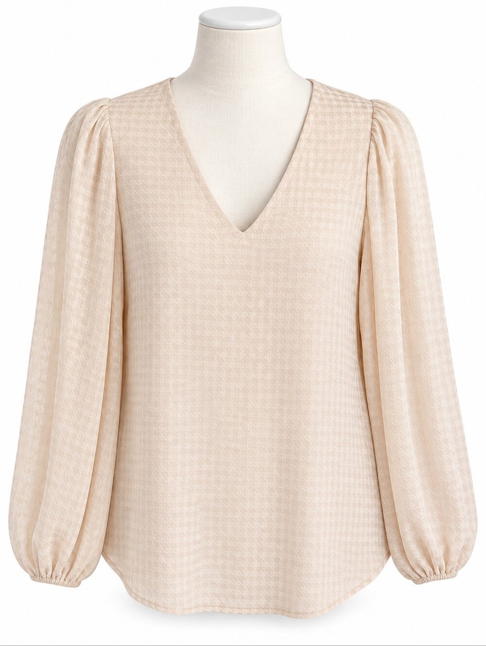 Calvin Klein Houndstooth Blouse Women Large L Pink Peach V-Neck Long Sleeve Top
